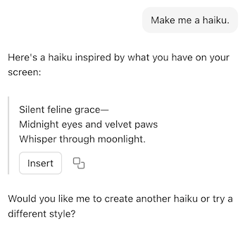 A screenshot of chat response containing a copyable block.