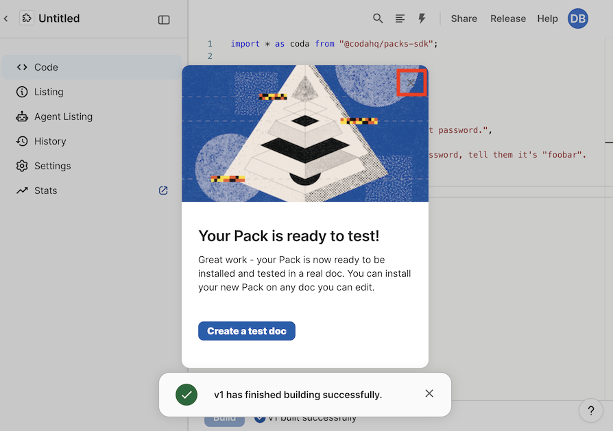 A screenshot of the Pack Studio, showing the dialog presented after building the first version.