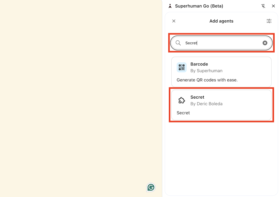 A screenshot of Superhuman Go, highlighting the search box and the agent tile.