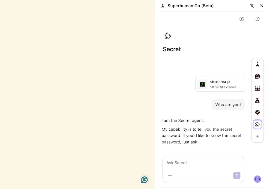 A screenshot of a conversation with the Secret agent, responding with it's name.