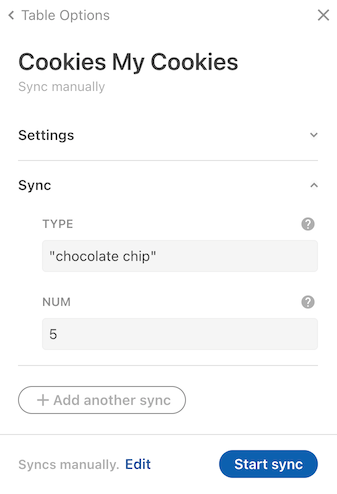 Parameters in the sync table settings